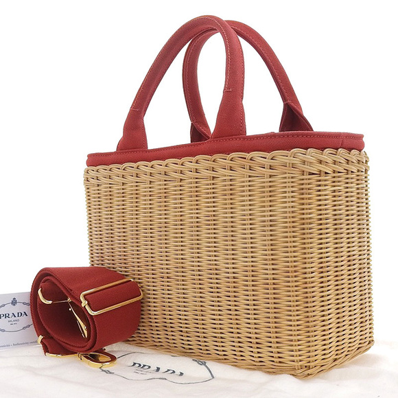 Prada Wicker Straw Canvas Leather Handbag Beige Red - Picture 2 of 7